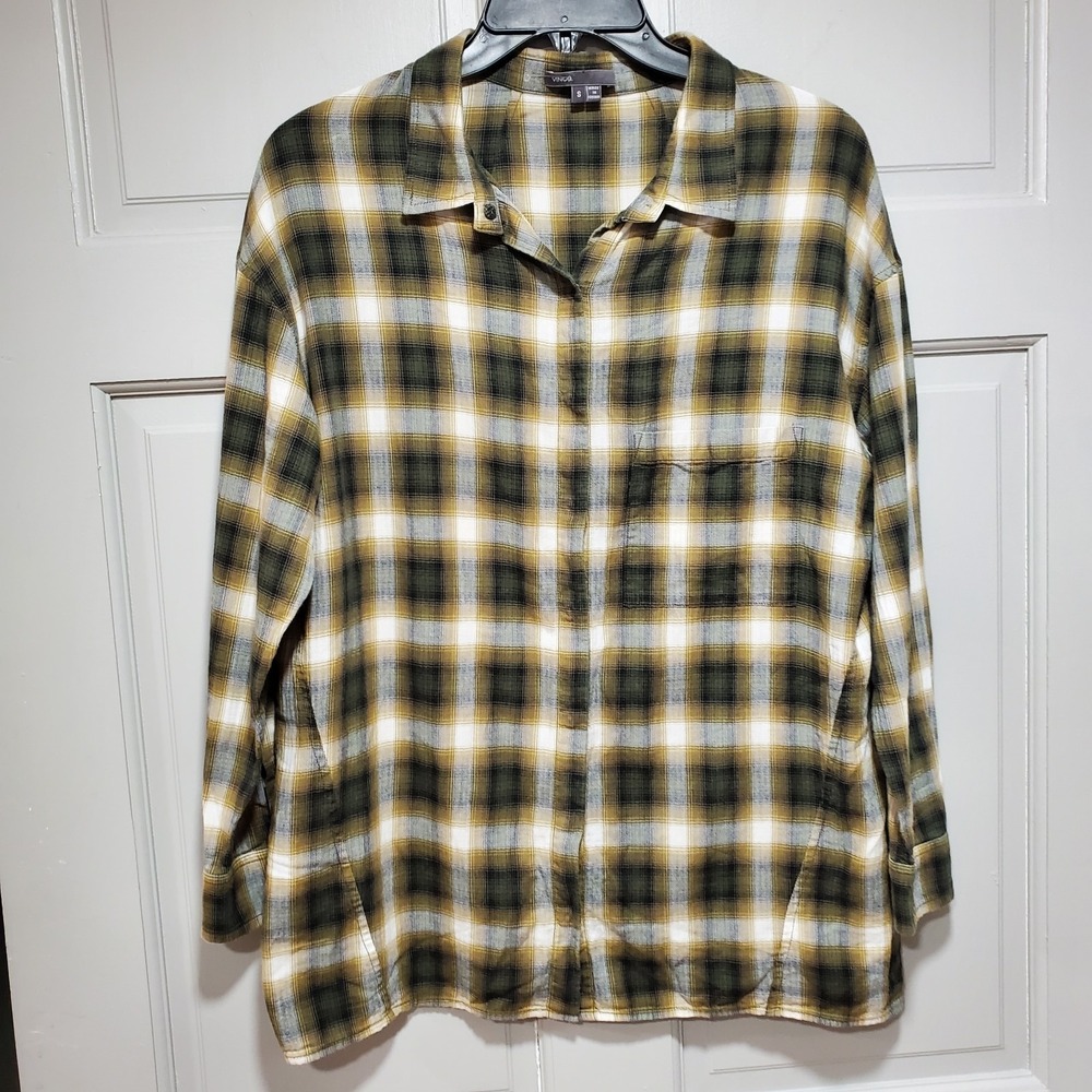 Vince Women's Blouse Top Size Small Plaid Long Sleeves Snap Relaxed Fit Cotton